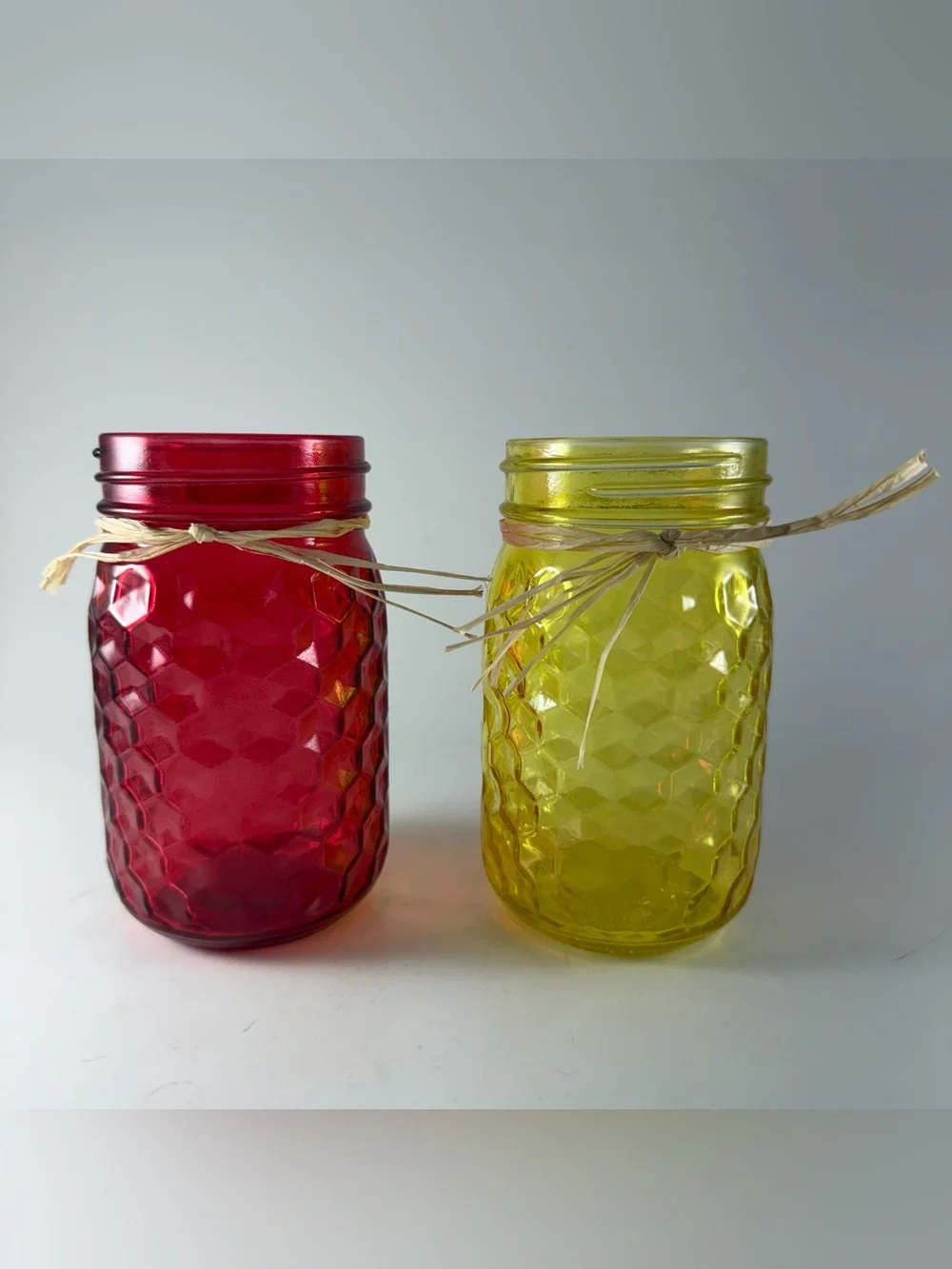 Set 2 Colored Glass Decorative Jars Vases Red Yellow Textured Flower Vases PINT